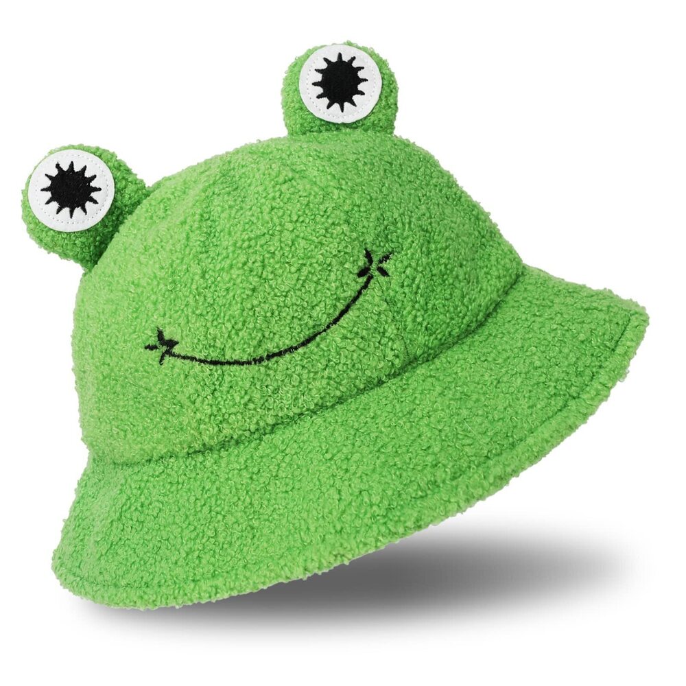 4049 Plush Frog Hat Cute Winter Green Packable Bucket Hat Keep Warm Funny